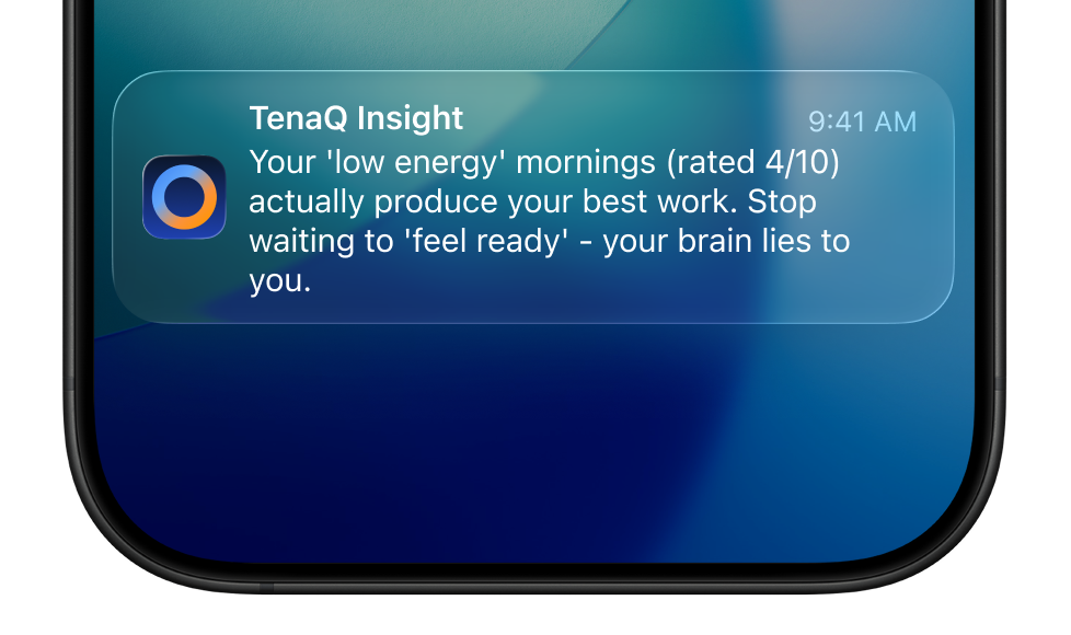 iOS notification from TenaQ showing personalized energy insight recommendation with app icon and actionable timing advice